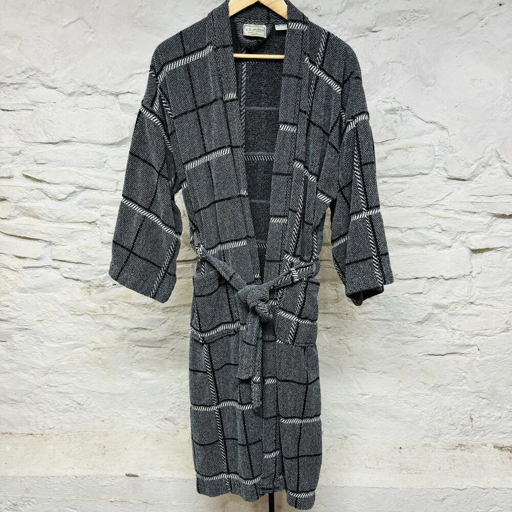 TJ Lawford Cotton Turkish Terry Towel Robe Vtg One Size Gray Black Plaid Check